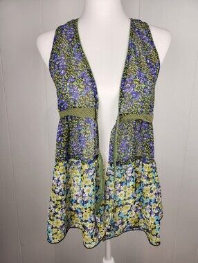 Y2K Self Esteem Sheer Vest Layer Women M Green Purple Dainty Floral Whimsy Fairy